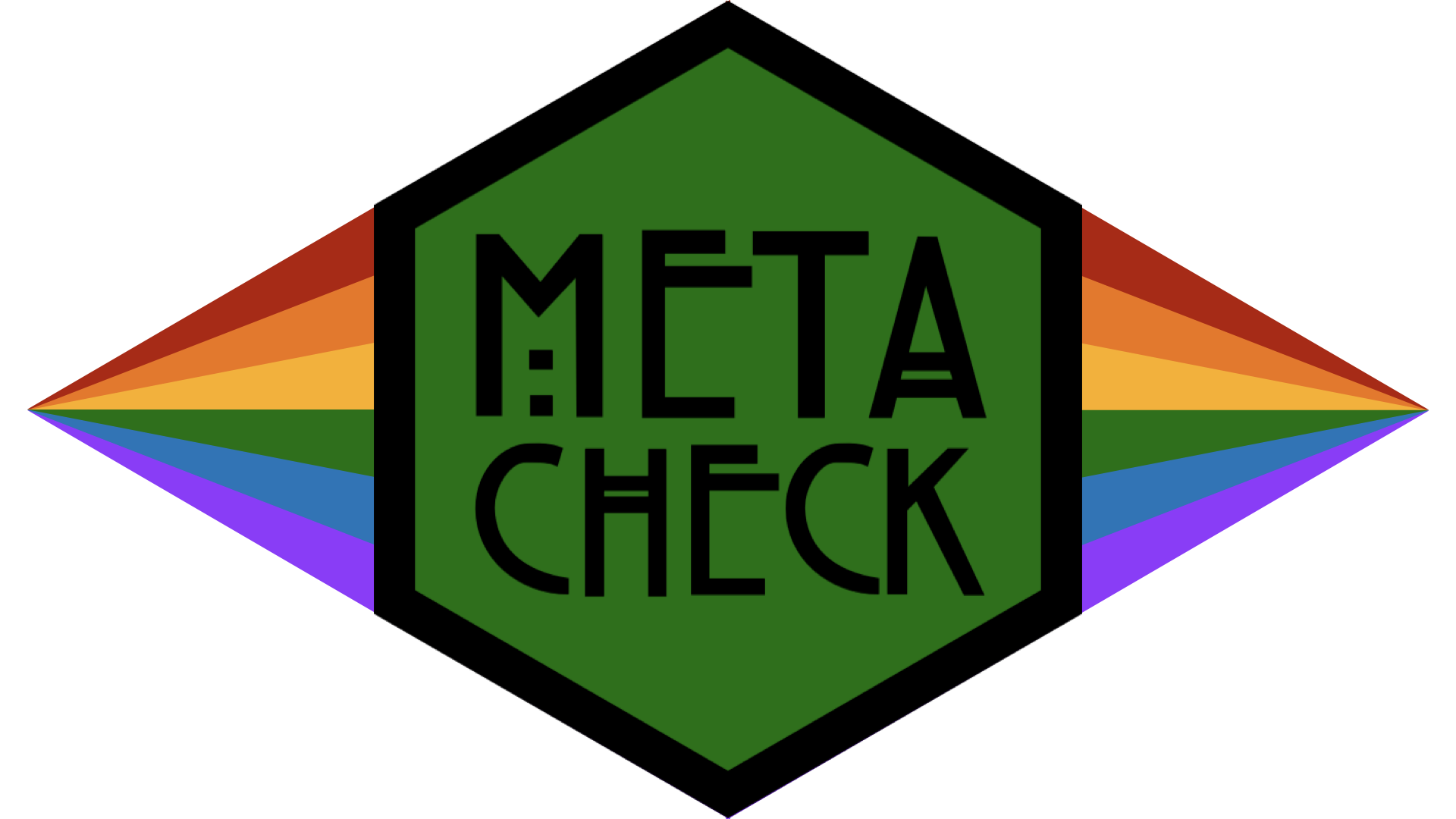 The metacheck logo -- a green hexagon -- on a diamond rainbow background