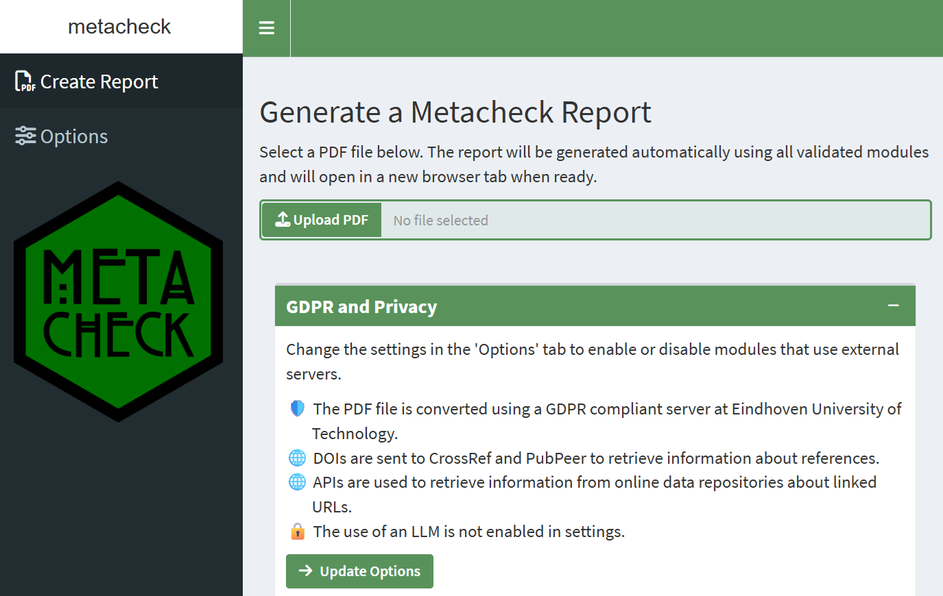 Screenshot of the Metacheck Shiny app