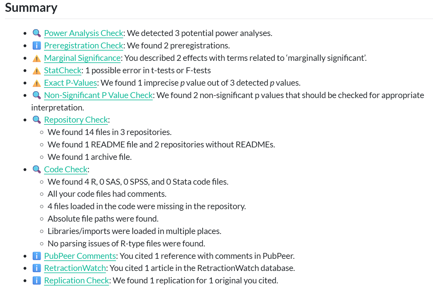 Screenshot of the Metacheck report summary