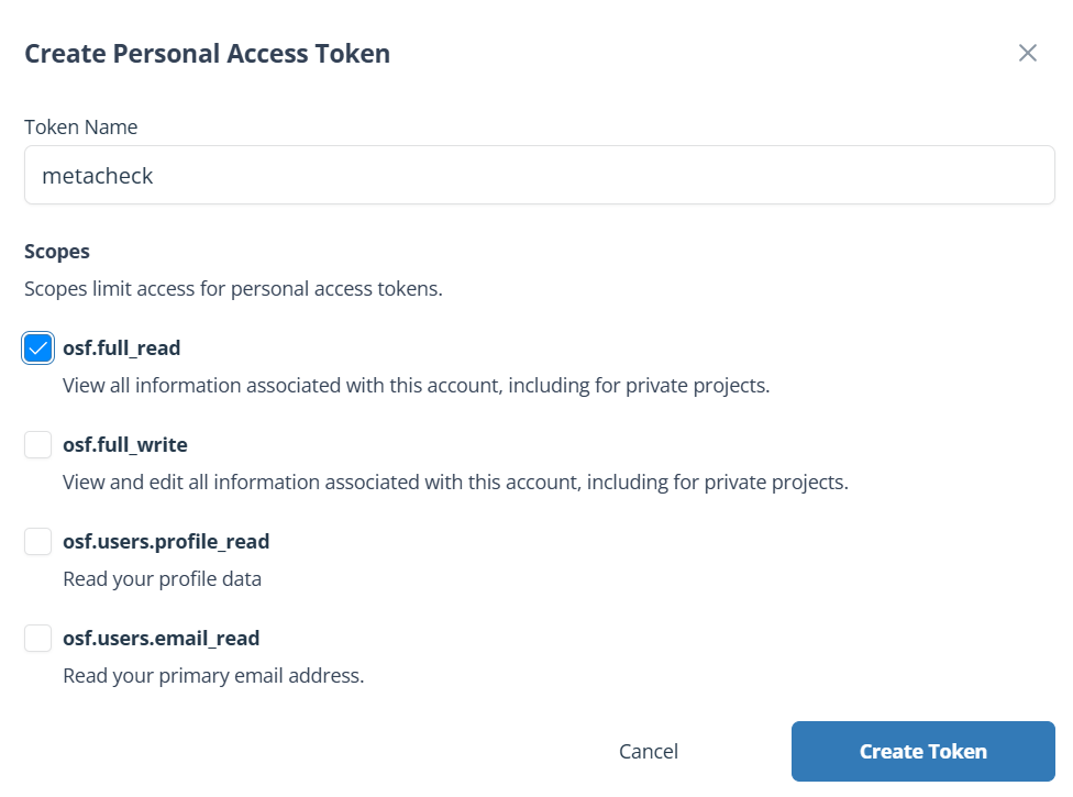 The Create Personal Access Token dialog with the name metacheck and the osf.full_read scope ticked