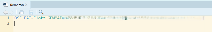 The .Renviron file open in RStudio showing the OSF_PAT line