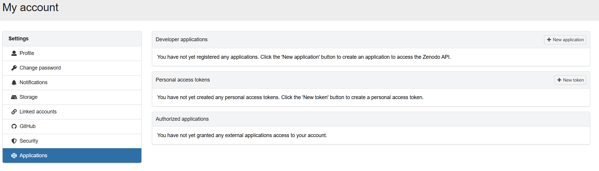 The Zenodo applications page showing personal access tokens
