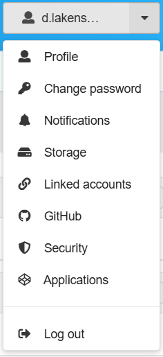 The Zenodo account dropdown menu showing Profile, Change password, Notifications, Storage, Linked accounts, GitHub, Security, Applications, and Log out