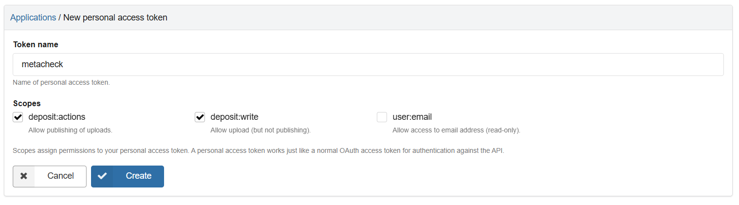 The new personal access token page with the name metacheck and the deposit:actions and deposit:write scopes ticked