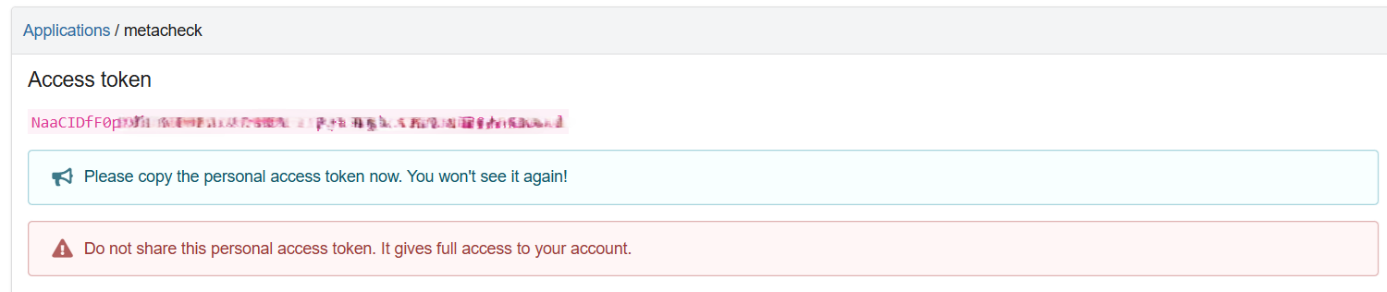 The Zenodo page showing a newly created personal access token in pink